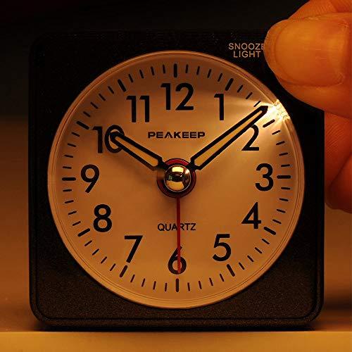 Peakeep Peakeep Ultra Small, Battery Travel Alarm Clock with Snooze and Light, Silent with No Ticking Analog Quartz (Black)