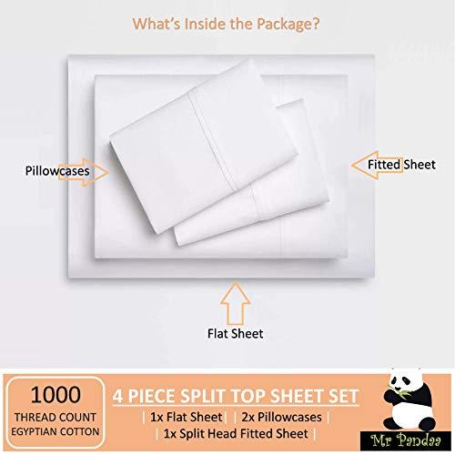 Mr Pandaa Split Top Cal-King Sheet Set for Adjustable Flex Top Mattress 100% Egyptian-Cotton, 1000-Thread-Count, Split Head Sheet Set 39\" Split at Top - 20\" Deep-Pocket [Cal-King- 39\" Split, Light Grey]