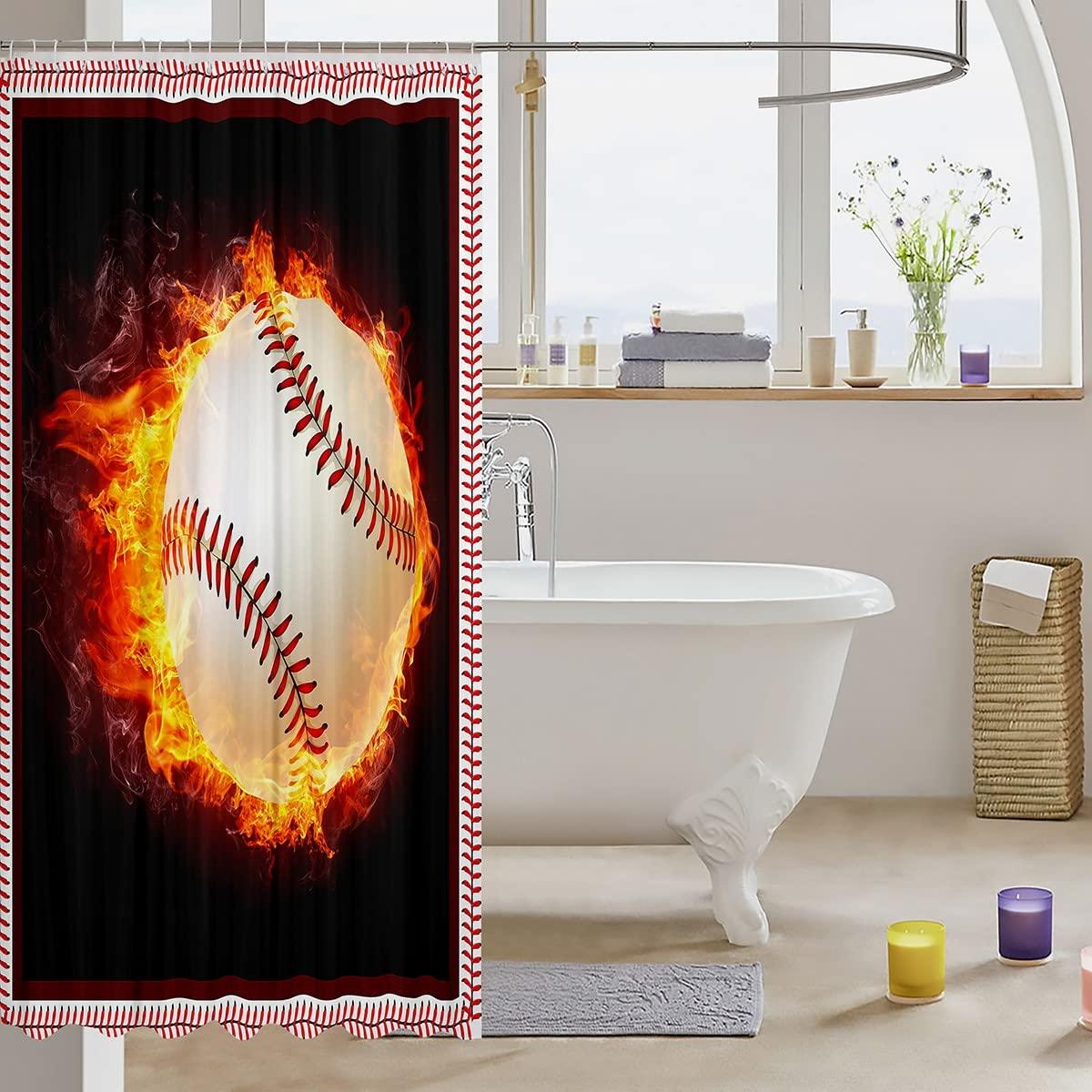 Homewish Baseball Shower Curtains,Flame Ball Bathroom Curtains for Kids Teens Boys Girls,Sport Theme Waterproof Bath Curtains,with 12 Hooks Suits for Bathtub, 72\" W x 78\" L,Black Modern