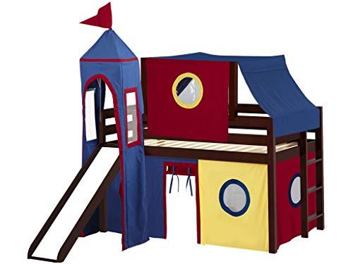 JACKPOT! JACKPOT! Castle Low Loft Bed with Slide, Red Yellow and Blue Tent and Tower, Twin, Cherry