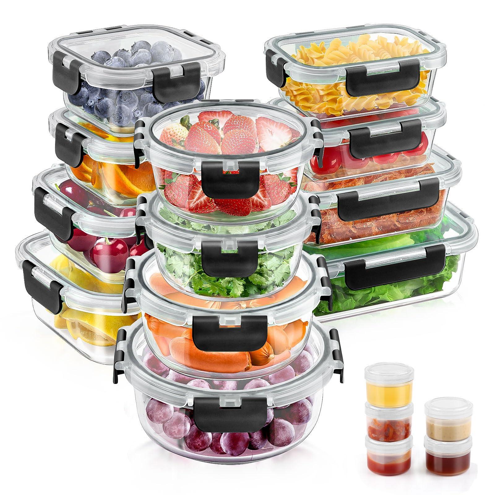 AMALEKO 34pcs Glass Food Storage Containers with Lids Set, Airtight Glass Meal Prep Containers (17 Containers & 17 Lids), Leak Proof Lunch Containers BPA-Free, Microwave, Oven, Freezer, Dishwasher Safe-Black