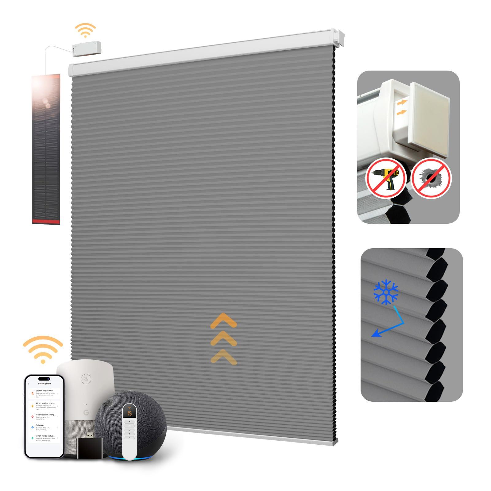 CINONEKO CINONEKO No Drill Motorized Cellular Shades with RemoteCordless Smart Honeycomb BlindsFree Solar Panel Blackout Electric Blinds, No Tools No Drilling Honeycomb Shades,Gray 32x64