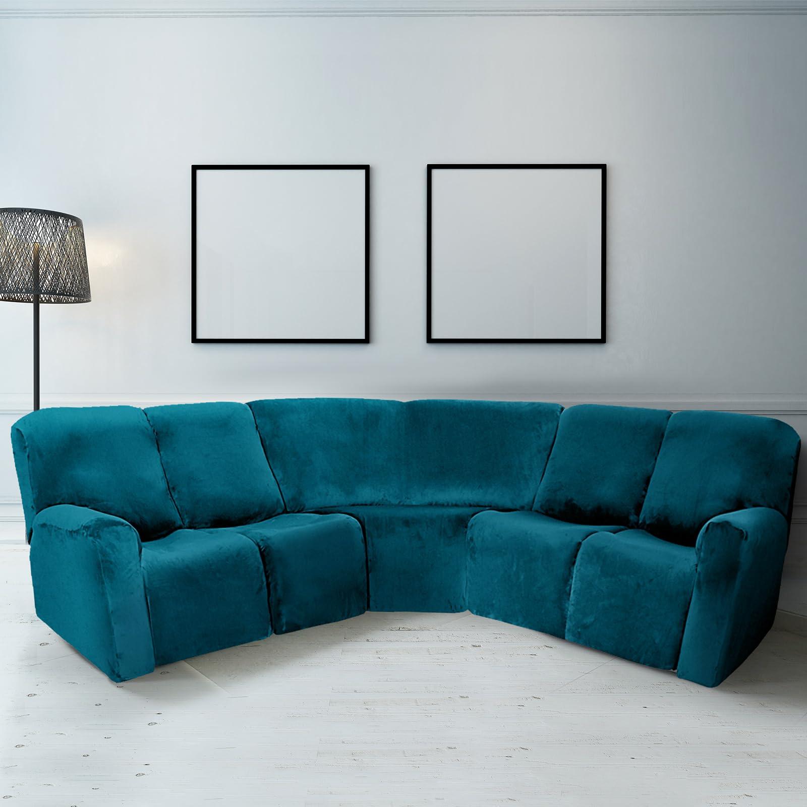 Peryiter Peryiter 7 Pcs L Shape Sectional Recliner Sofa Covers 5 Seat Sectional Couch Covers Milk Silk Velvet Stretch Reclining Sofa Slipcover Furniture Protector for Living Room(Deep Teal,Velvet)