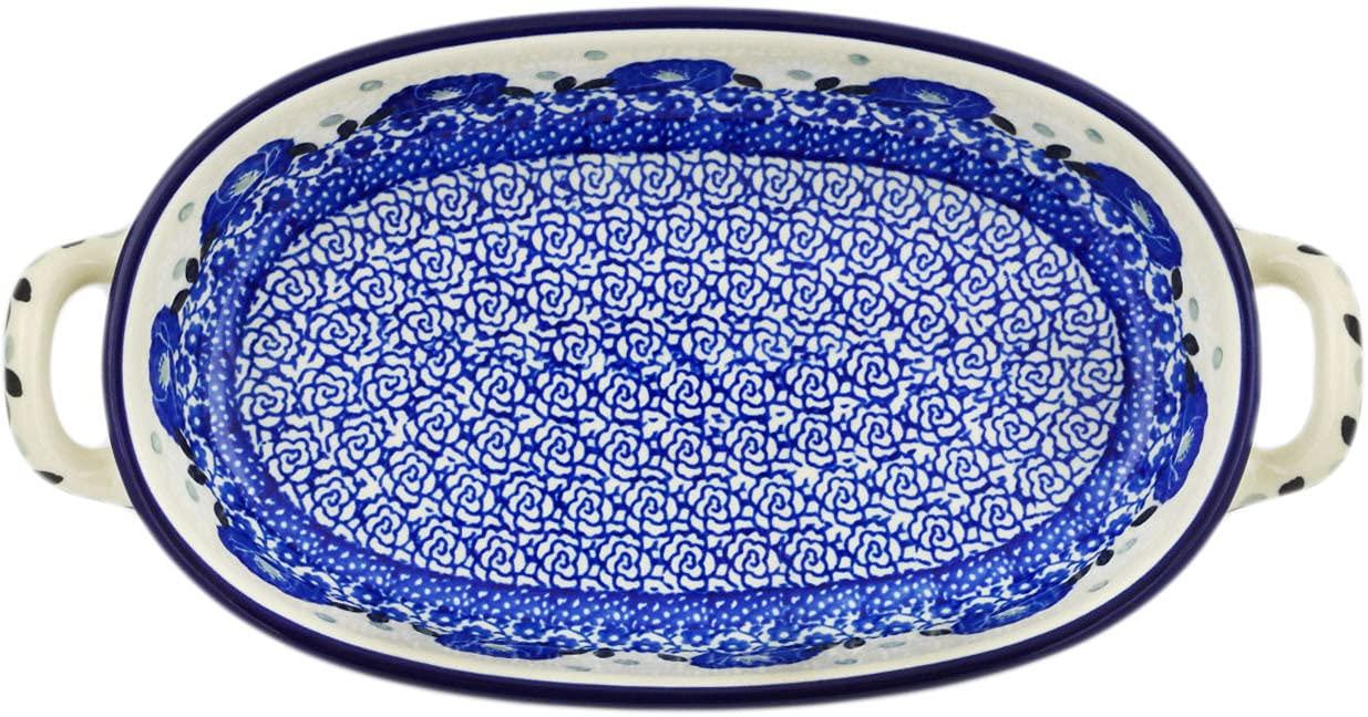 Polmedia Polish Pottery Polish Pottery 8-inch Oval Baker with Handles made by Ceramika Artystyczna (Eternal Winter Theme) + Certificate of Authenticity