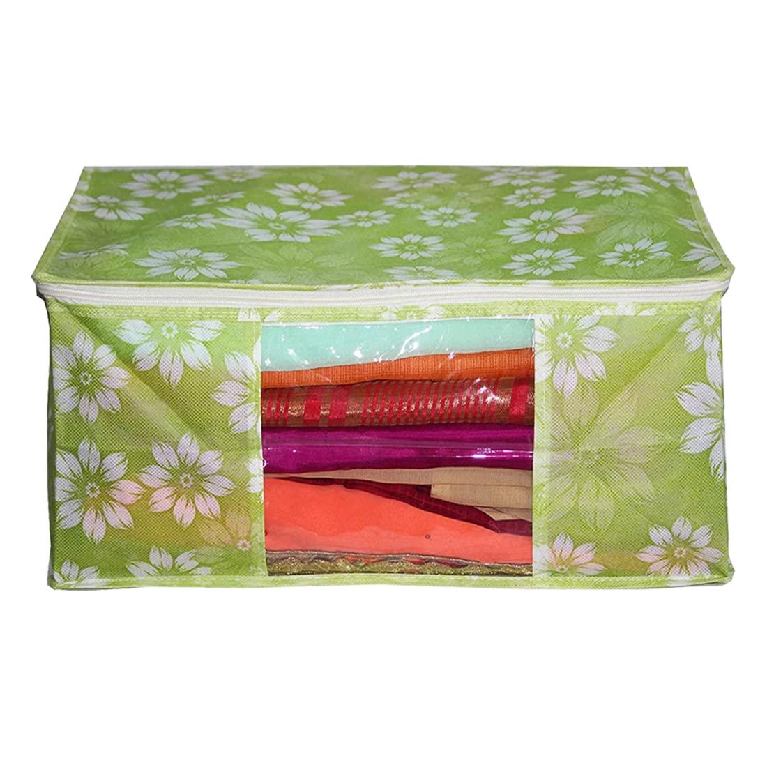 AARON INC AARON INC Non-Woven Fabric Saree Cover/Clothes Storage Bag/Wardrobe Organizer With Transparent Window And Zip for Lehenga, Suit, Dress, & Accessories Flower Print (Green Pack of 2, 45 * 35 * 22 Cm)