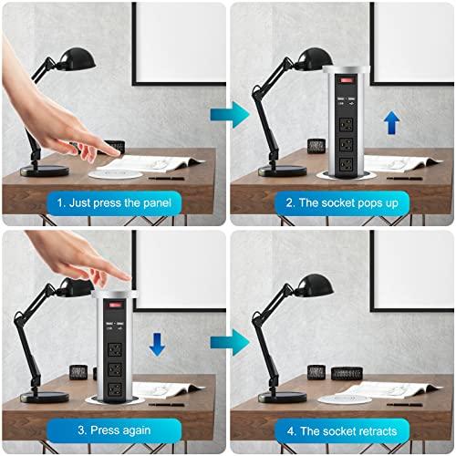QBA Automatic Pop Up Power Outlet, Popup Wireless Charging Station with 3AC Plugs + 2 USB, Pop up Electrical Outlets for Countertops, Recessed Hidden Outlet for Kitchen Island Conference (Silver Black)