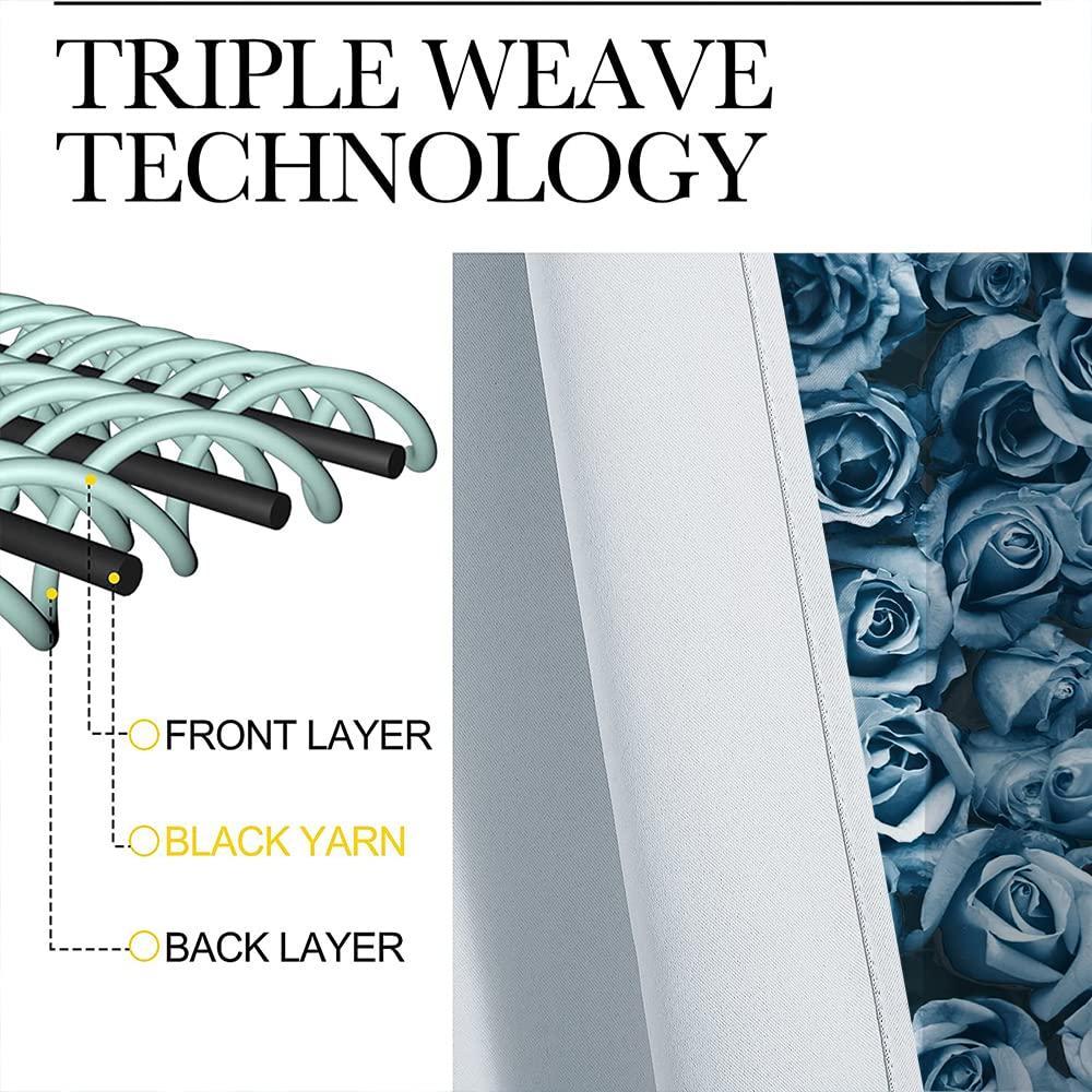 FCDM Blue Rose Window Curtain,Turquoise Rose Bathroom Set Decor Blackout Curtains Royal Blue Gray Home Bedroom Living Room Grommet Thermal Insulated Window Curtain/Drapes Panel 42x63 in