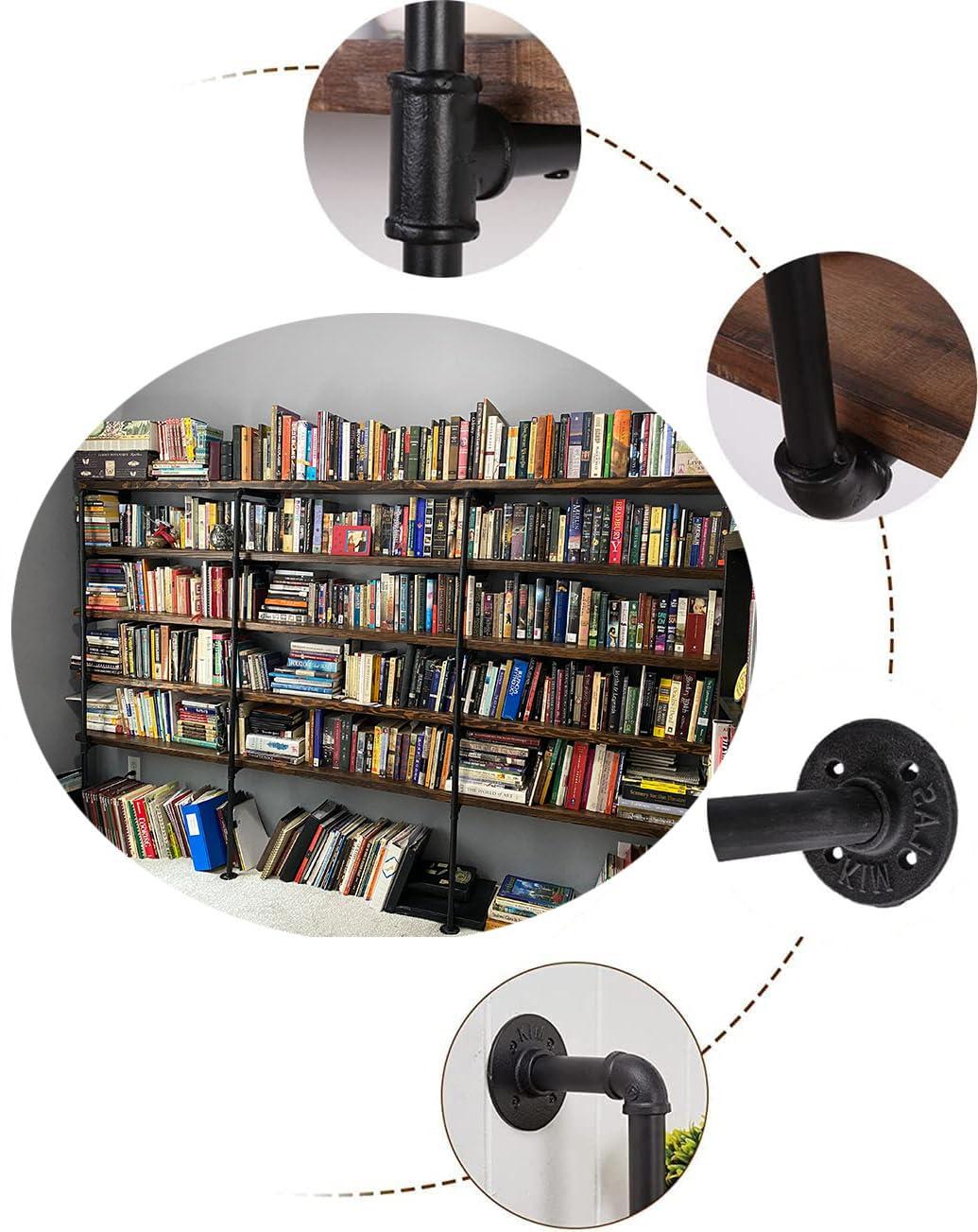 Kaler Industrial Iron Pipe Shelves, 3 Set 5-Tier, 68\" Tall, 12\" Depth, DIY Open Bookshelf Bookcase, Wall Mounted Vintage Retro Shelving, Rustic Farmhouse Pantry Kitchen Storage, Black Shelf Brackets