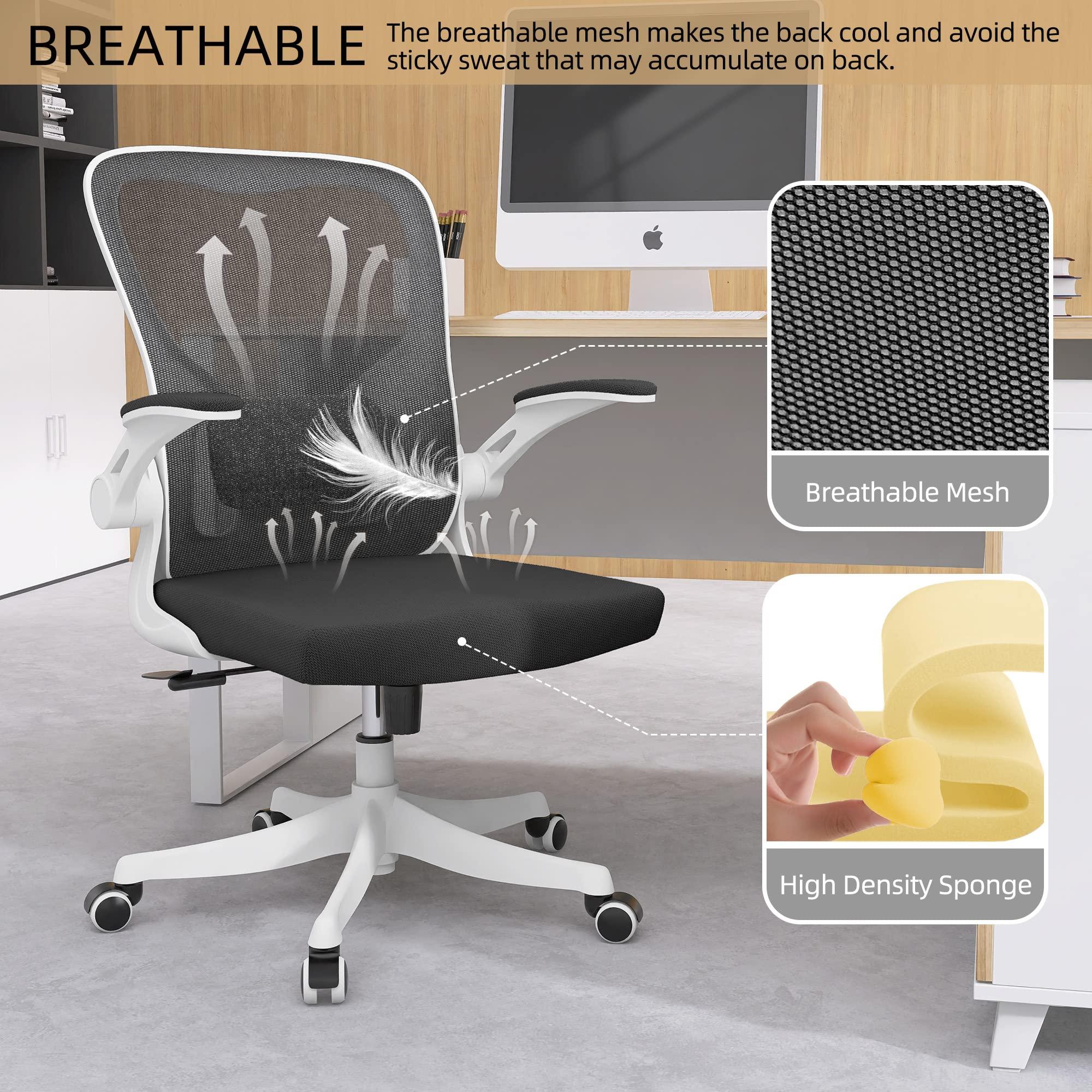 Monhey Monhey Office Chair - Ergonomic Office Chair with Lumbar Support & Flip Up Arms Home Office Desk Chairs Rockable High Back Swivel Computer Chair White Frame & Black Mesh Study Chair