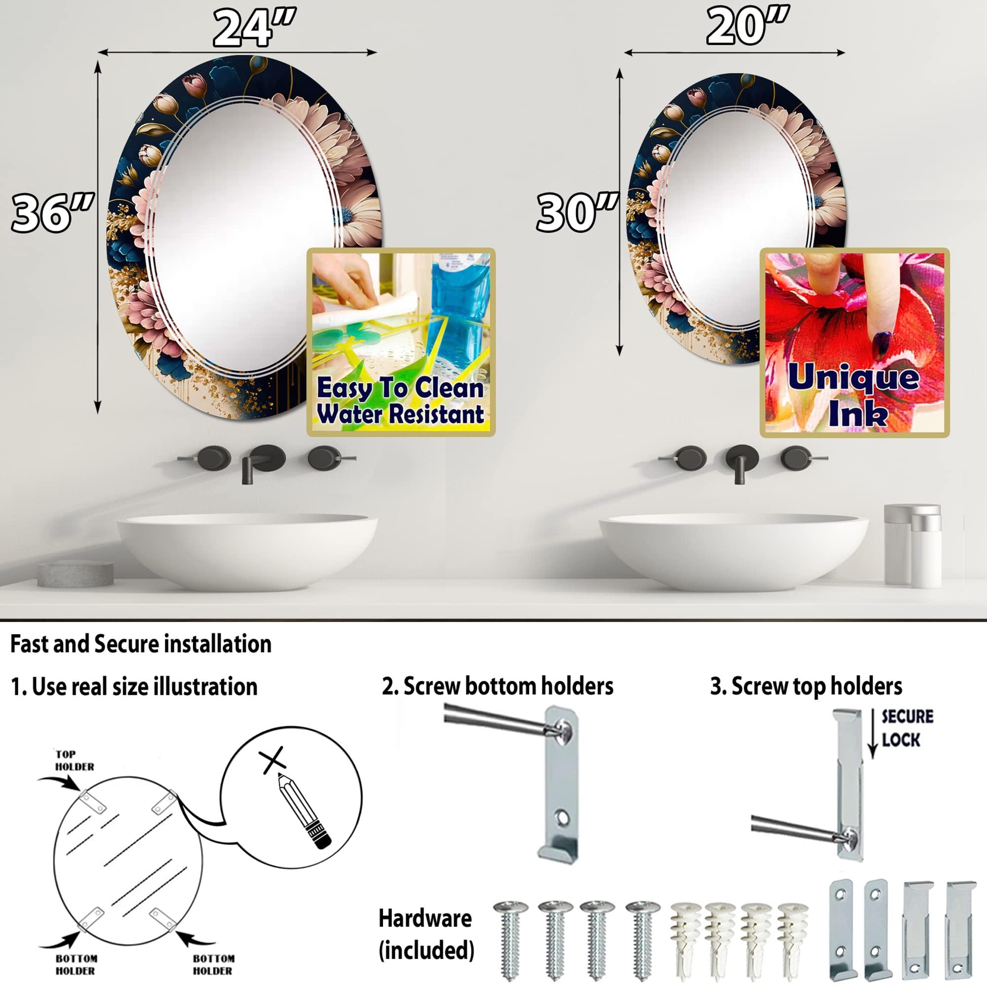 DesignQ Floral & Botanical wall mirror, Oval Traditional mirror, Round Red bathroom mirror, daisy vanity mirror Bunch of Burgundy and Blue Daisies I printed mirror decor, oval mirror 24x36