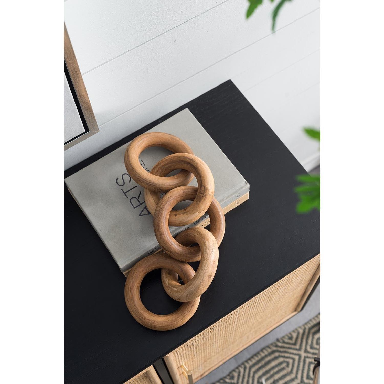 T2 CONCEPT T2 CONCEPT 100% Teak Wood Decorative 5 Link Chain Sculpture, Natural Brown, Modern Minimalist, 19.5 x 4.5, Round Circle Design, for All Styles, Mantel, Coffee Table, Bookshelf, Home and Office