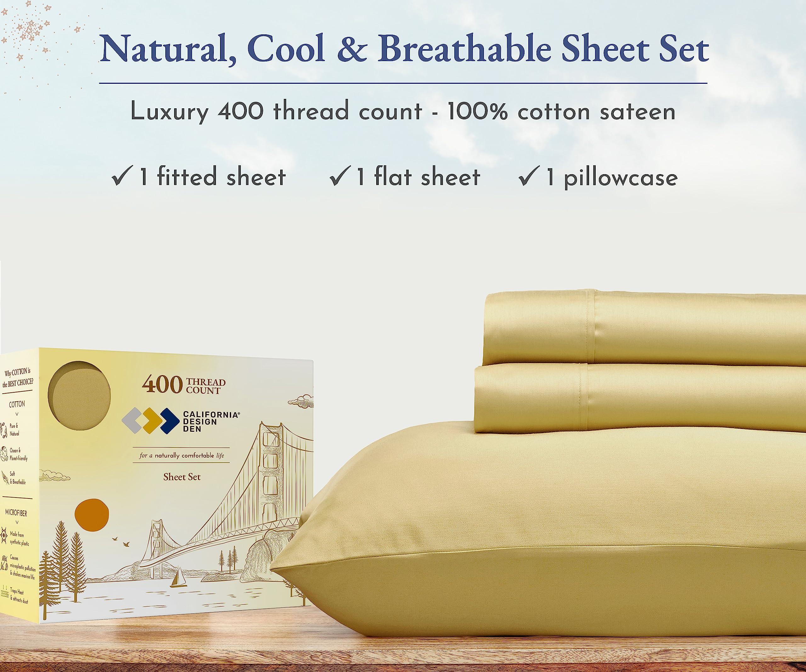California Design Den California Design Den Twin XL Sheets Set, 400 Thread Count Sateen, 100% Cotton Sheets, Soft Luxury 3 Pc Dorm Rooms & Adults Cooling Sheets Set (Sunshine Yellow Sheets)
