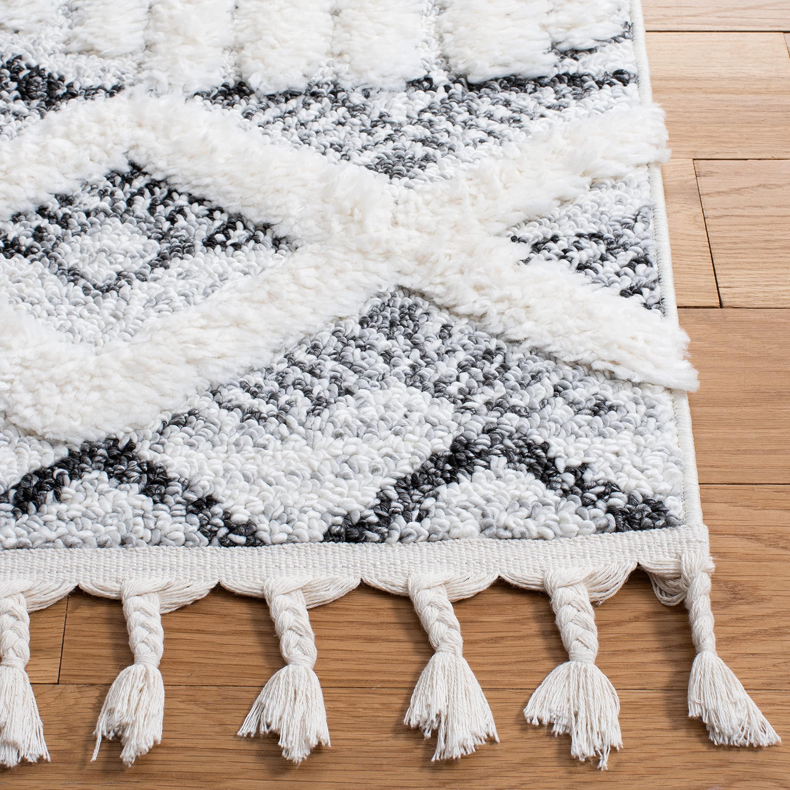 Safavieh SAFAVIEH Moroccan Tassel Shag Collection Area Rug - 6'7" Square, Ivory & Grey, 2-inch Thick Ideal for High Traffic Areas in Living Room, Bedroom (MTS618A)