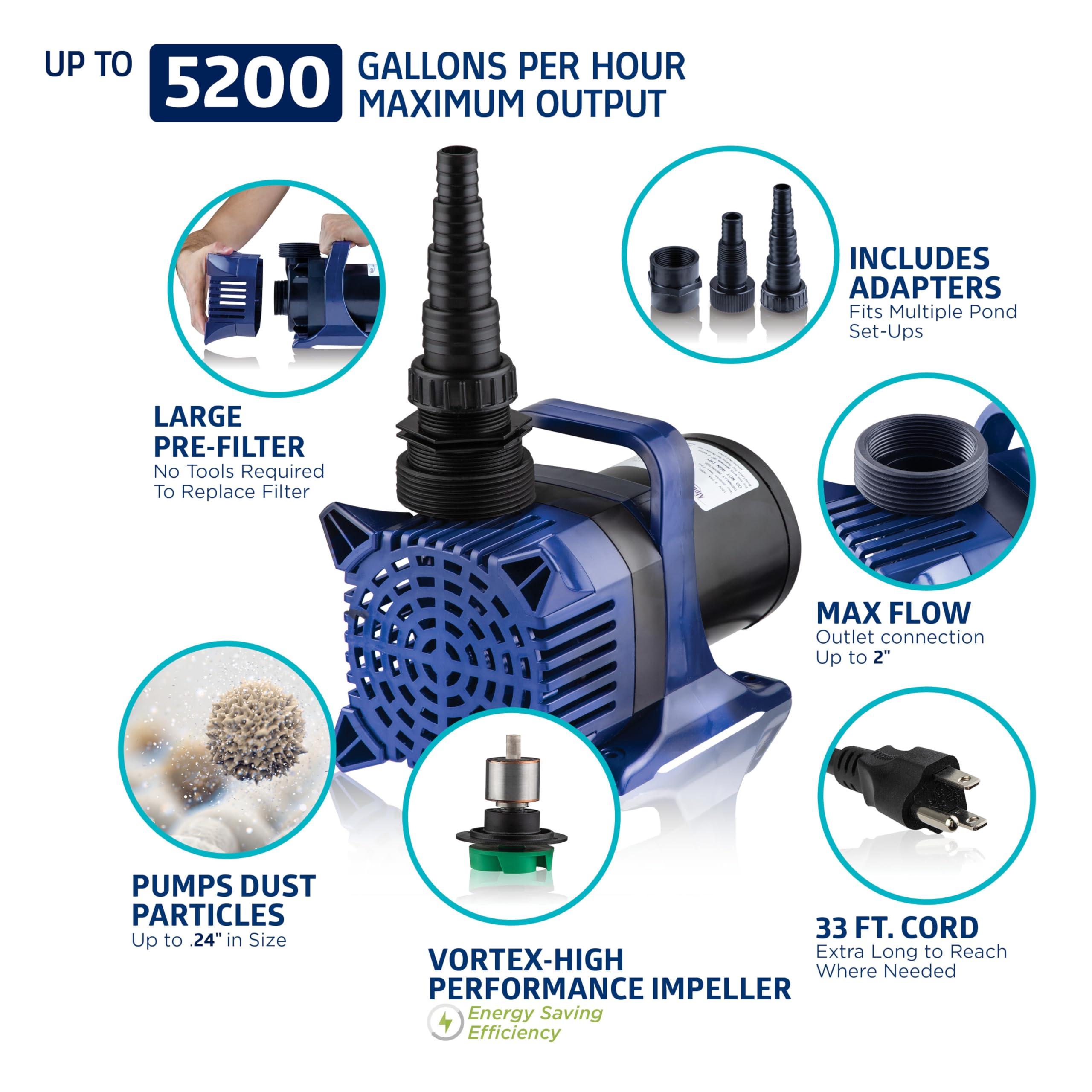 Alpine Alpine Corporation - 5200 GPH Submersible Water Pump with 33 FT Cord & Adapters for Ponds, Fountains, Waterfalls Energy-Efficient, Quiet Operation, Vertical/Horizontal Use, 426 Watts, 25 FT Lift