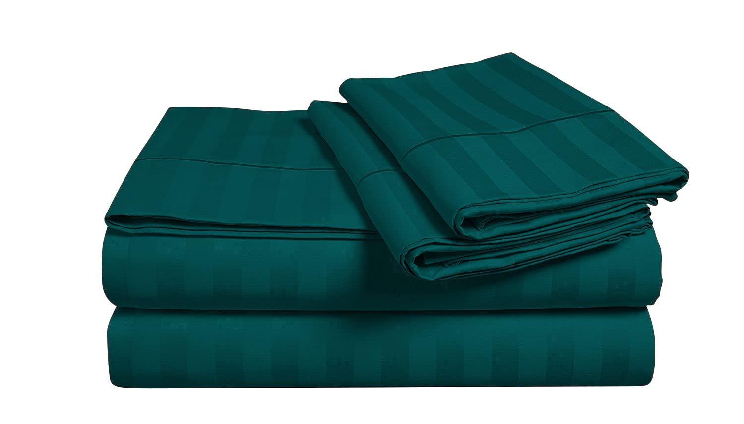 Epic Cotton Epic Cotton Striped and Super Soft 1000 Thread Count 100% Egyptian Cotton, Attached Waterbed Sheet Set with Pole Attachment, Queen Size, 24 Inch Deep Pocket Teal Stripe