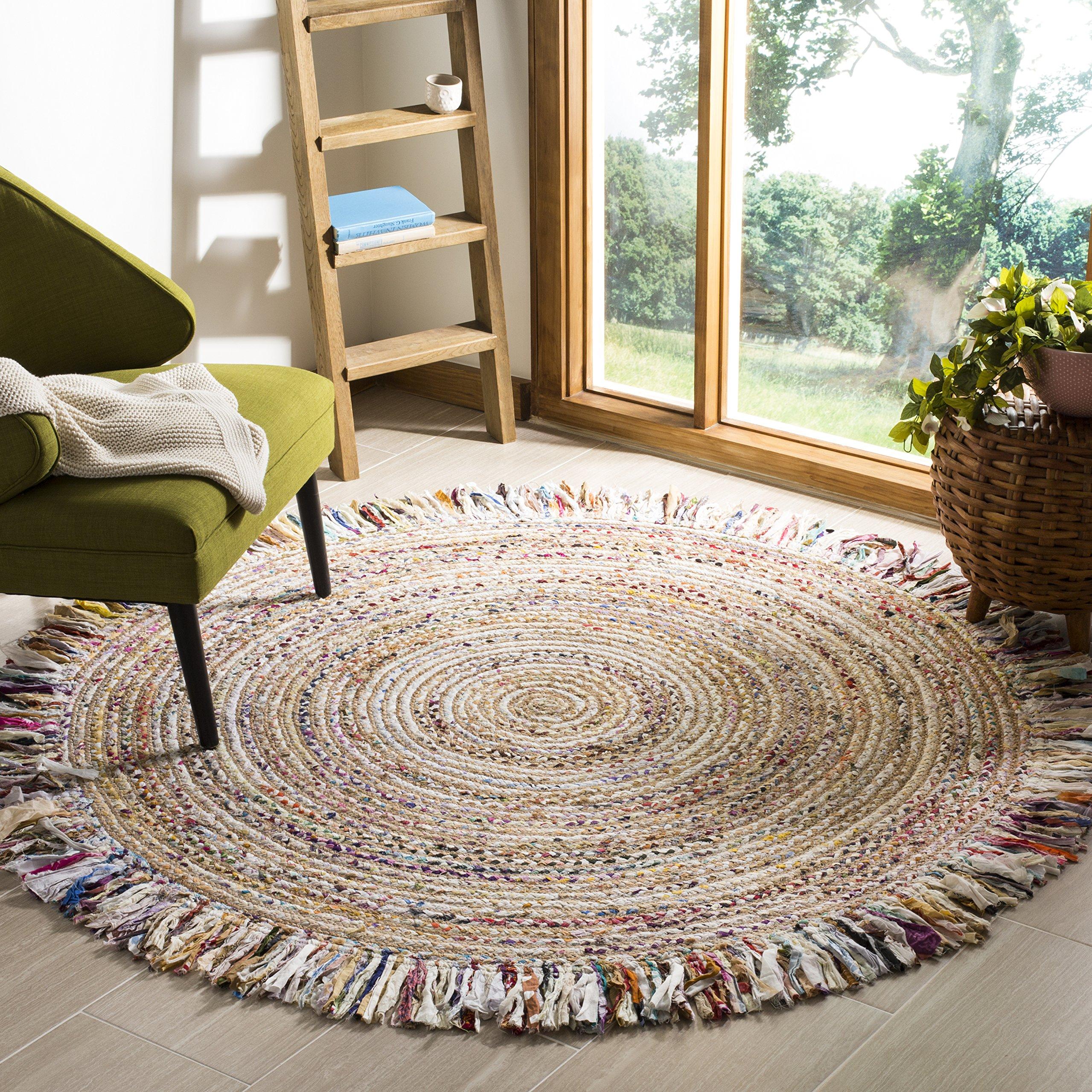 Safavieh SAFAVIEH Cape Cod Collection Area Rug - 7' Round, Ivory & Light Beige, Handmade Boho Fringe Jute & Cotton, Ideal for High Traffic Areas in Living Room, Bedroom (CAP206B)