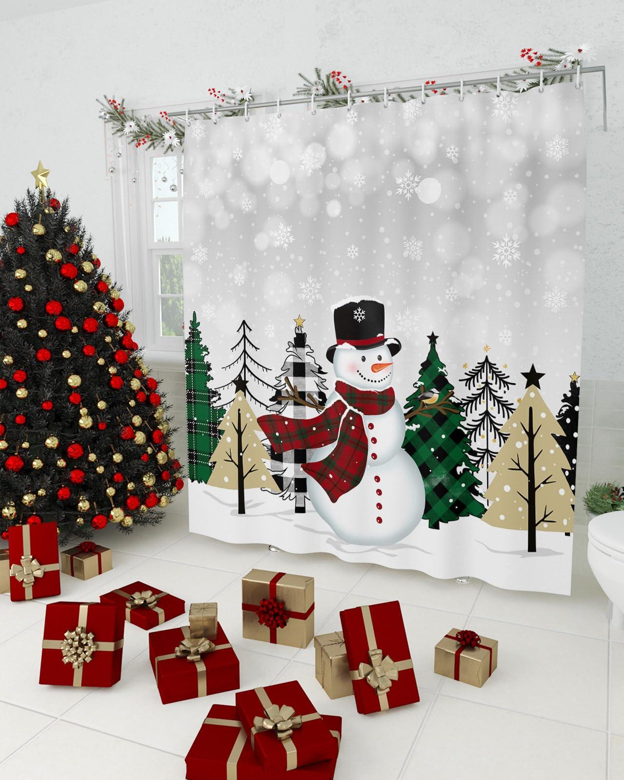 EZON-CH Chriatmas Shower Curtains for Bathroom, Snowman Xmas Tree Snowflakes Grey Shower Curtain Set Shower Curtain Set Waterproof Fabric Bath Curtain with Hooks for Home Hotel Apartment Farmhouse 48x72 inch
