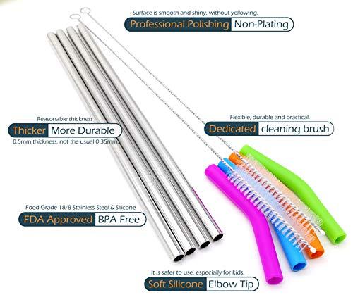 GFDesign Big Drinking Straws Reusable 12" Extra Long 8mm Extra Wide Food-Grade 18/8 Stainless Steel Silicone Elbows Tips for Smoothie Milkshake Cocktail Juice Hot Drinks - Set of 4 + 2 Cleaning Brushes