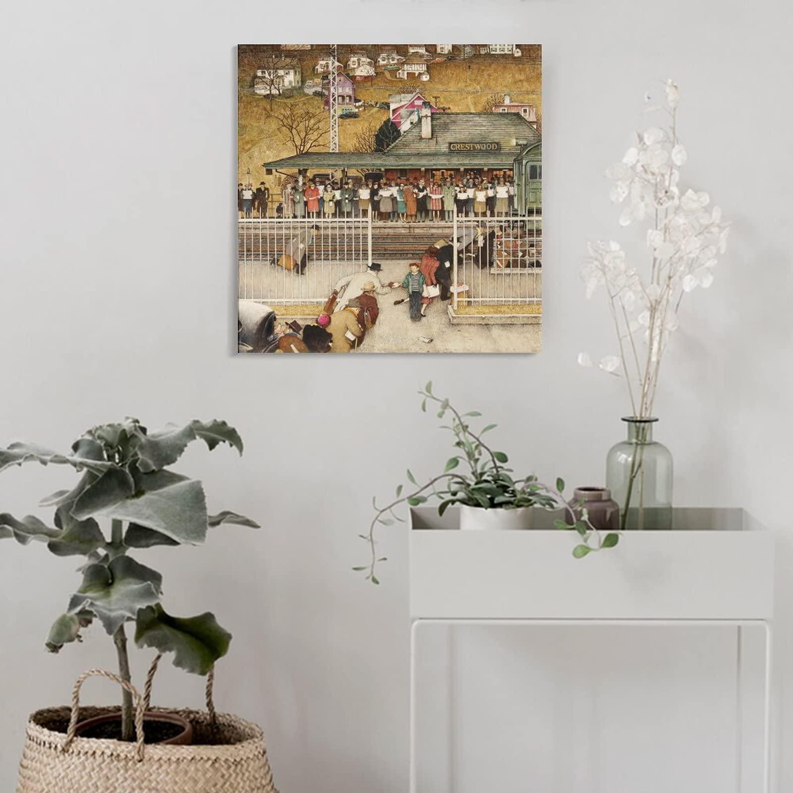 NIZHNAO 35+ Norman Rockwell Illustration Crestwood Train Station, 1946 by Norman Rockwell American Retro Poster Decorative Painting Canvas Wall Art Living Room Posters Bedroom Painting 28x28inch(70x70cm)