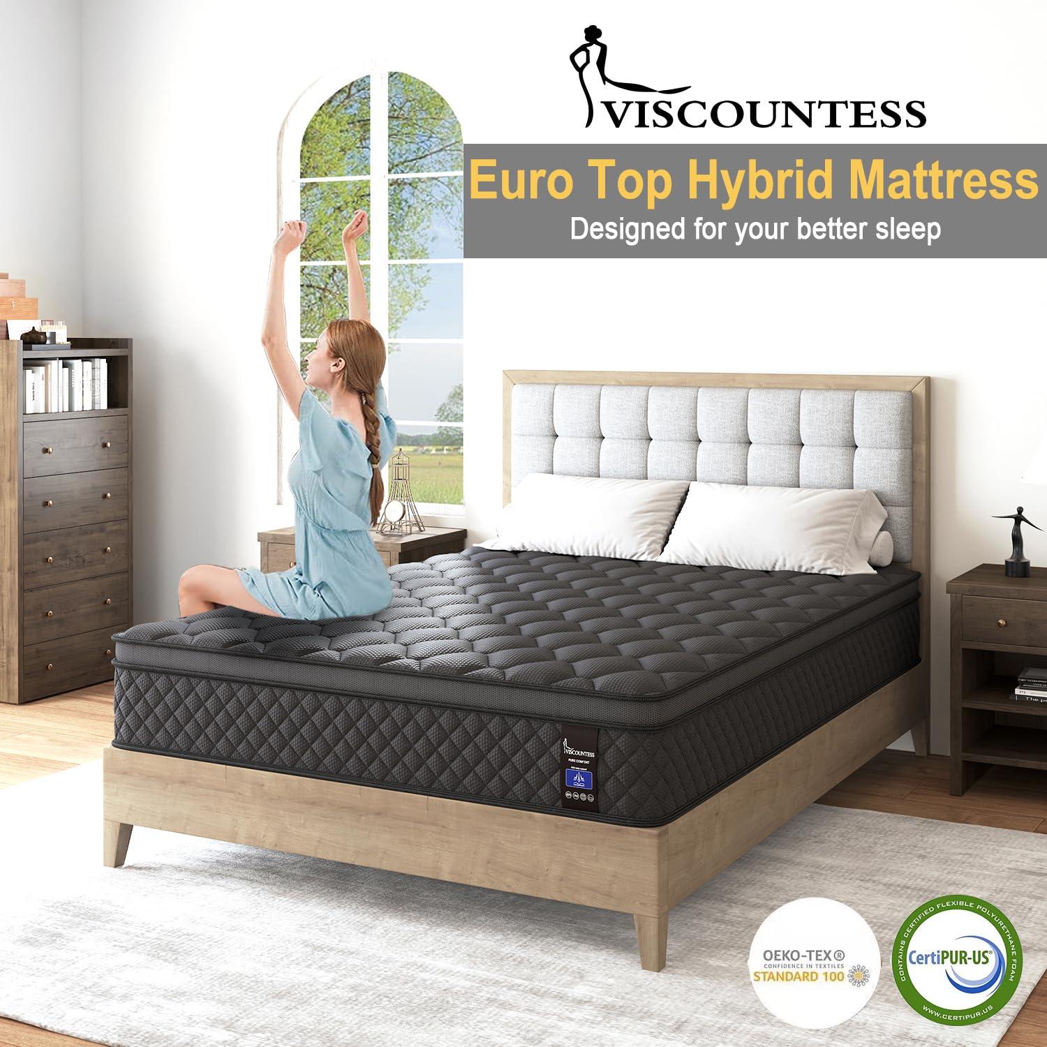 VISCOUNTESS VISCOUNTESS King Hybrid Mattress, 10 Inch Euro Top Mattress Medium Firm for Back & Lumbar Support, 100 Night Trial, Individual Pocket Spring Mattresses for Motion Isolation & Pressure Relief
