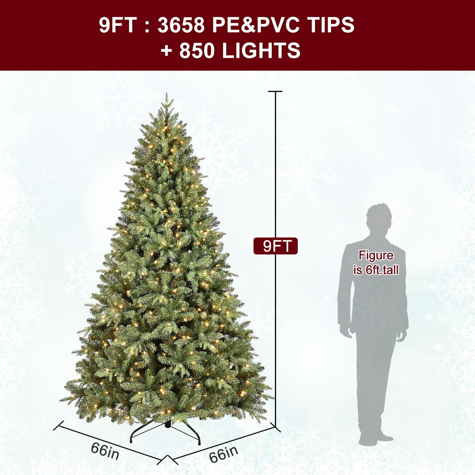 Treepool Treepool 9FT Pre-Lit Artificial Christmas Tree with 3658 PE&PVC Mixed Branch Tips, 850 Warm White Lights, Hinged Premium Spruce Fake Xmas Trees, Green, Foldable Base