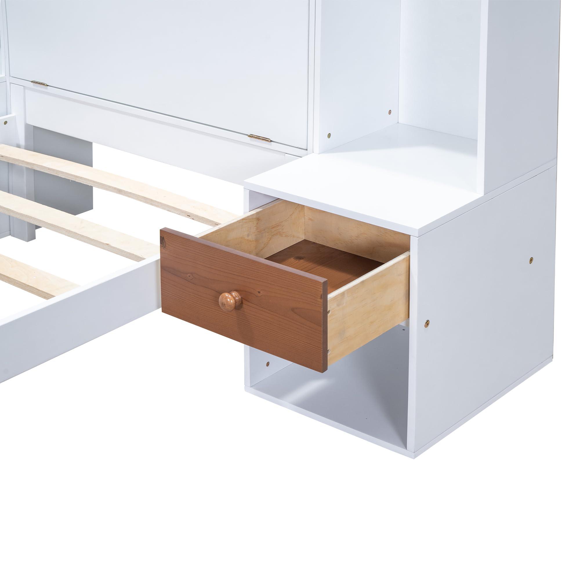 Brabrety Twin Size Platform Bed with Storage Headboard and Drawers,with Two Nightstands Solid Pine Wood Platform Bed,Plenty of Storage Makes it Ideal for Bedroom Furniture.