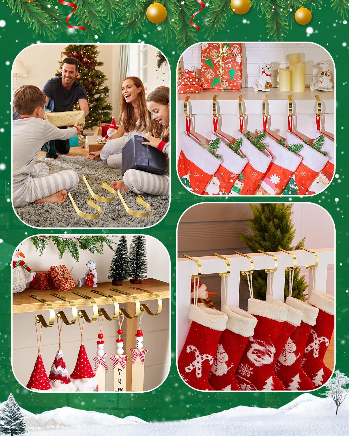 Minetom Christmas Stocking Holders for Mantle Set of 6, Non-Slip Adjustable Mantle Stocking Holders, Mantle Fireplace Stocking Hooks, Fireplace Stocking Hangers Set for Party Christmas Decorations, Gold