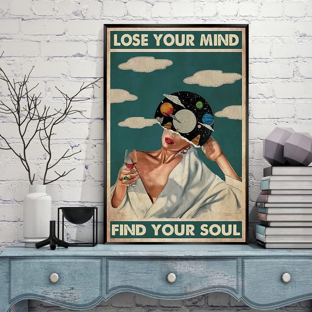 Quark Quark Vintage Lose Your Mind Find Your Soul Poster Mental Health Canvas Wall Art Abstract Aesthetic Music Girl Print Painting Modern Mid-Century Wall Decor for Bed Room Bathroom 12x16in Framed