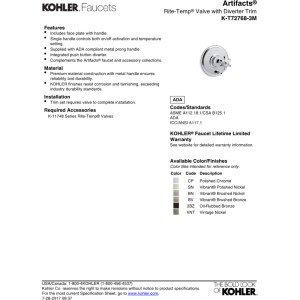 Kohler KOHLER K-T72768-3M-CP Artifacts Rite-Temp Pressure-Balancing Valve Trim with Push-Button Diverter and Prong Handle, Polished Chrome