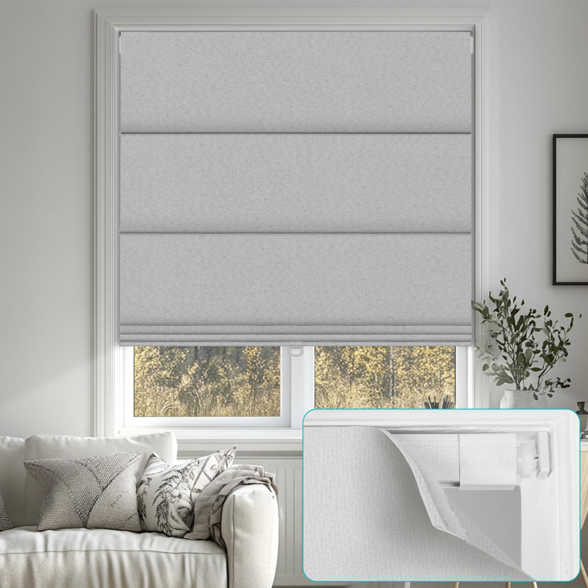BERISSA BERISSA No Drill Cordless Blackout Roman Shades, Room Darkening Roll up Blinds, Easy Install Linen Window Shades for Inside Mount, 60" W x 66" H, Jacquard White