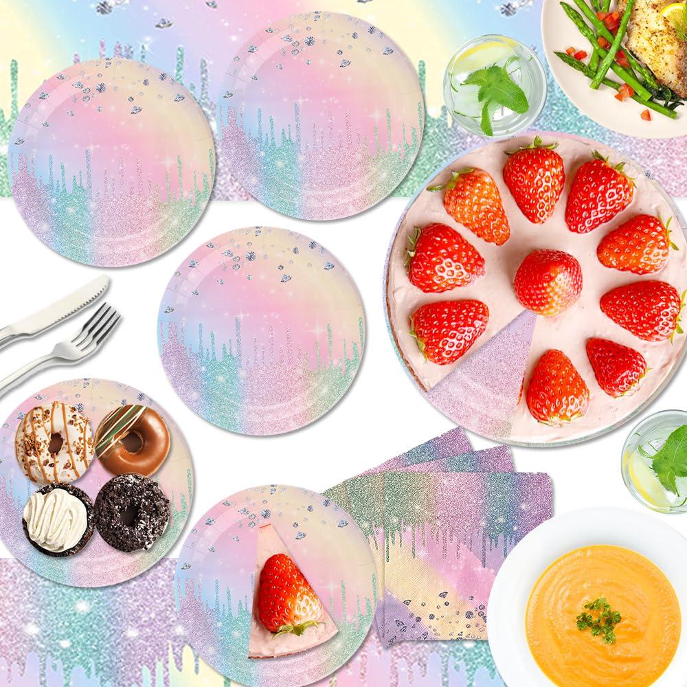 IPEWOEF Gradient Diamond Birthday Party Supplies Macaron Glitter Holographic Disposable Tableware Iridescent Party Decorations Paper Plates Napkins Banner Tablecloth for Girl Kid Baby Shower Wedding 10 Guests