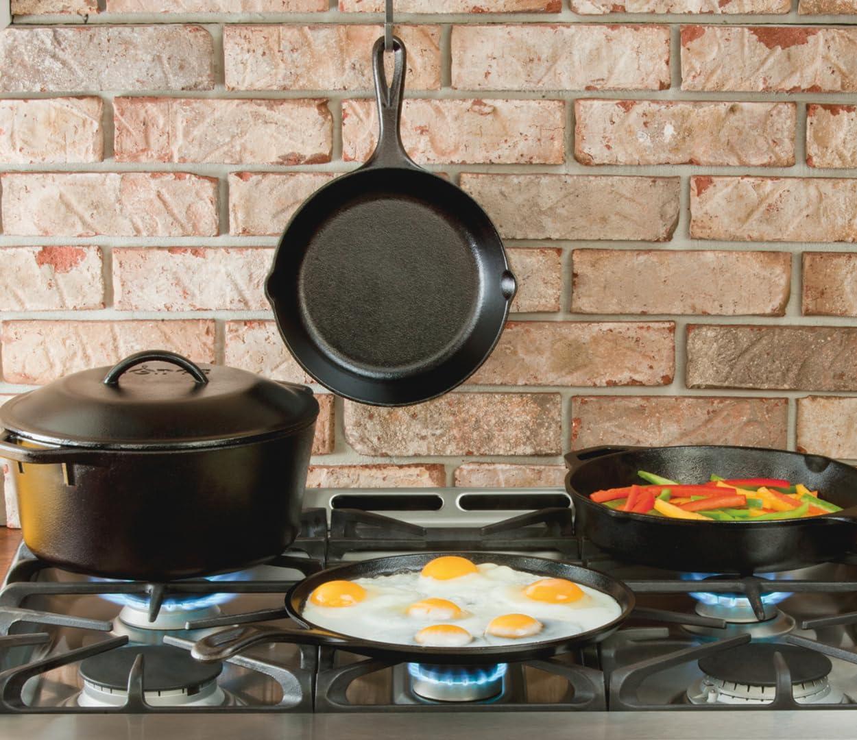 Lodge Lodge Seasoned Cast Iron 5 Piece Bundle. 10.5\" Griddle, 8\" Skillet, 10.25\" Skillet, 10.25\" Dutch Oven, and 10.25\" Lid,Black
