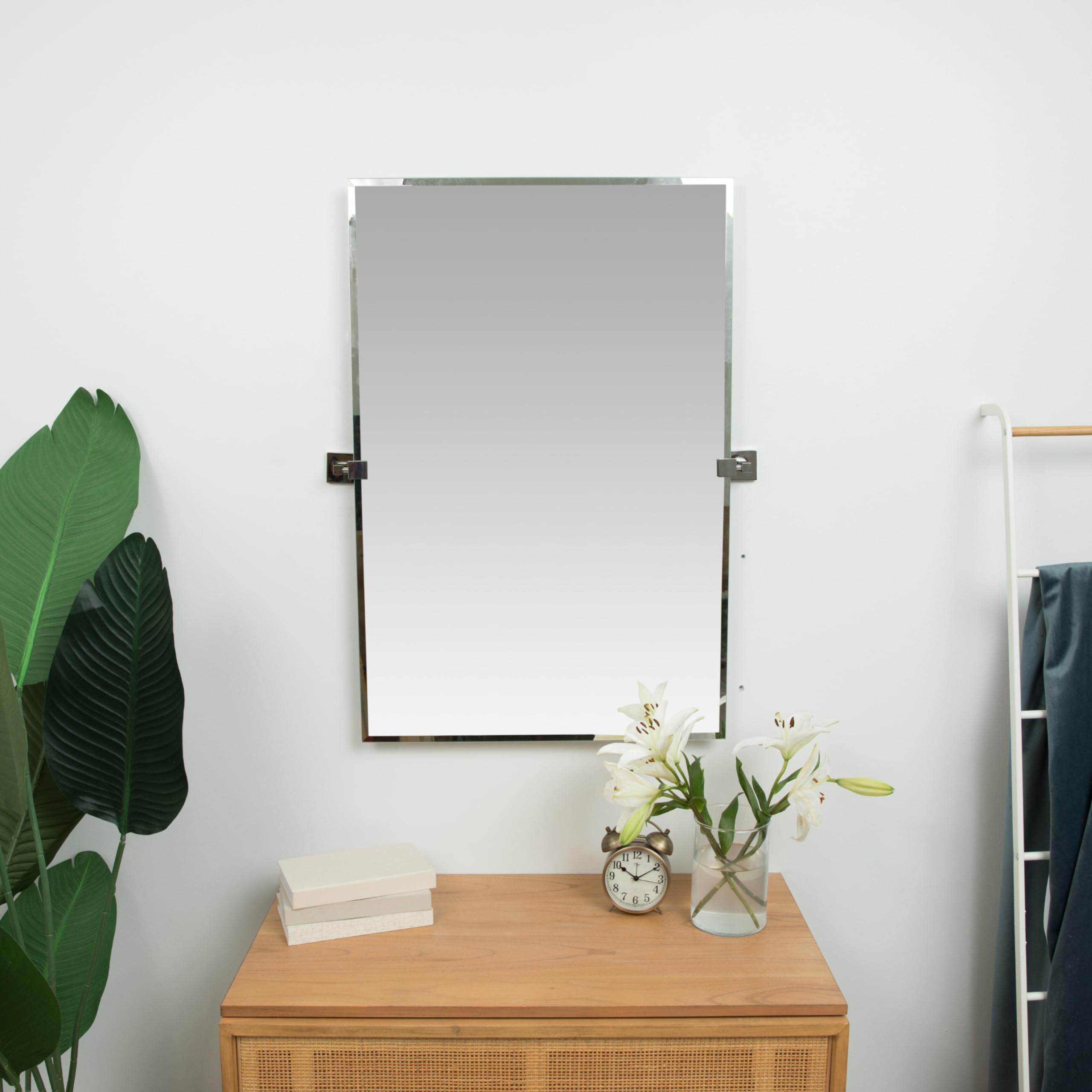 Hamilton Hills Hamilton Hills Large Squared Modern Pivot Rectangle Mirror with Polished Chrome Wall Anchors | Silver Backed Adjustable Moving & Tilting Wall Mirror | 20" x 30" Inches