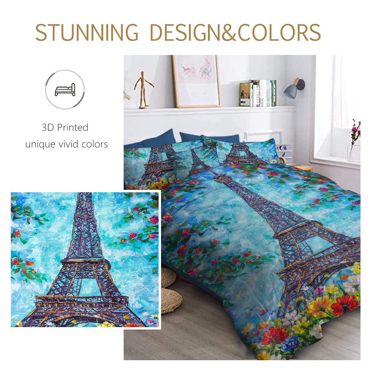 BlessLiving BlessLiving Eiffel Tower Comforter Set Bed in A Bag - Retro Blue, Paris Spring Flowers Oil Painting 8 Pieces Bedding Sets Ultra Soft Microfiber Bedroom Comforters with Sheets and Shams (Queen)