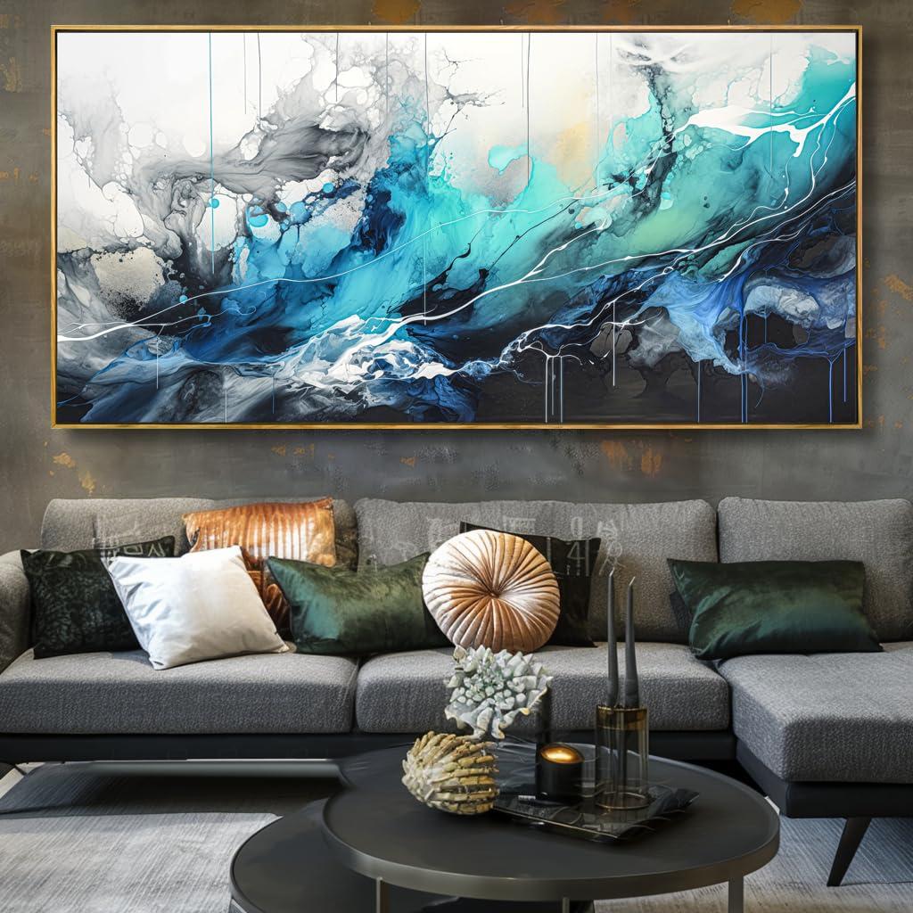 liysawg Wall Art Abstract Canvas Painting Teal Blue Modern Artwork for Living Room Bedroom Dining Room Home Office Decor 30\"x60\" with Framed