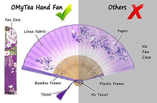 OMyTea OMyTea® 8.27"(21cm) Women Hand Held Silk Folding Fans with Bamboo Frame - with a Fabric Sleeve for Protection for Gifts - Chinese/Japanese Style Butterflies & Morning Glory Flowers Pattern (Purple)