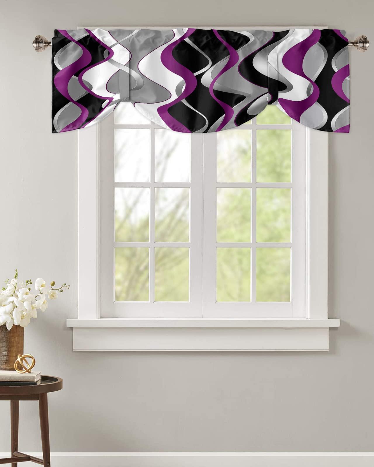 Litter Star Litter Star Purple Abstract Wave Tie Up Valance for Kitchen Windows, Abstract Stripe Art Adjustable Valances Rod Pocket Short Curtain,Tie Up Curtains Valance for Bedroom Living Room Bathroom 42x18in