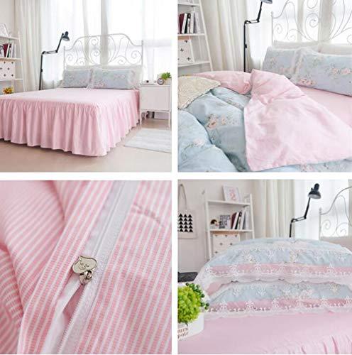 Mbay Mbay Girls Blue Pink Lace Bed Set Twin, Chic Flower Print Duvet Cover Cotton, Princess Fashion Bed Skirt, 3PCS