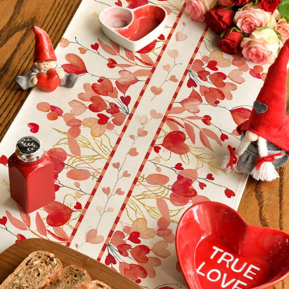 Artoid Mode Artoid Mode Red Heart Branch Valentine\'s Day Table Runner, Seasonal Leaf Kitchen Dining Table Decoration for Home Party Decor 13x72 Inch