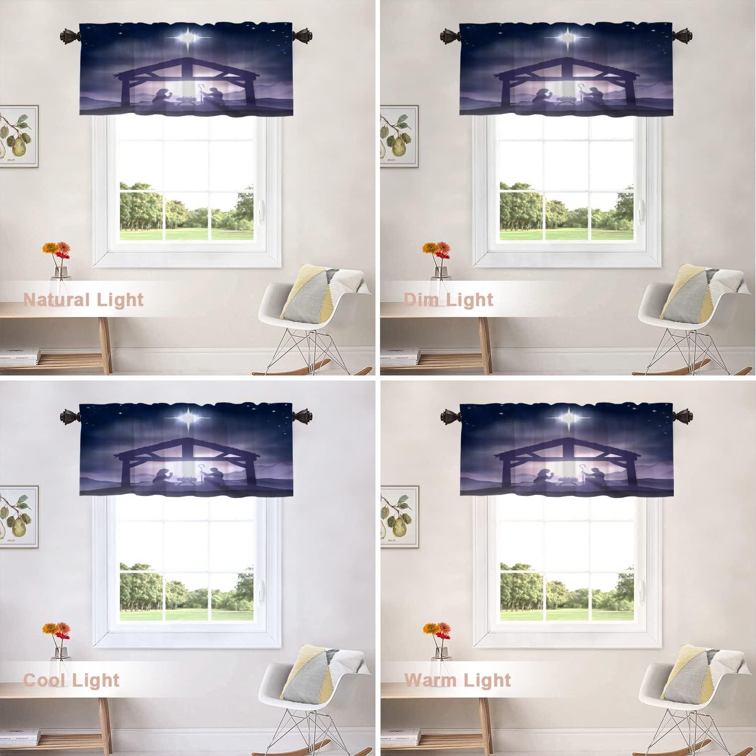 Shrahala Shrahala Christmas Kitchen Valances, Stars Baby in The Manger Half Window Curtain Window Treatment Multilayer Polyester Blackout for Living Room Bathroom 52 x 18 in