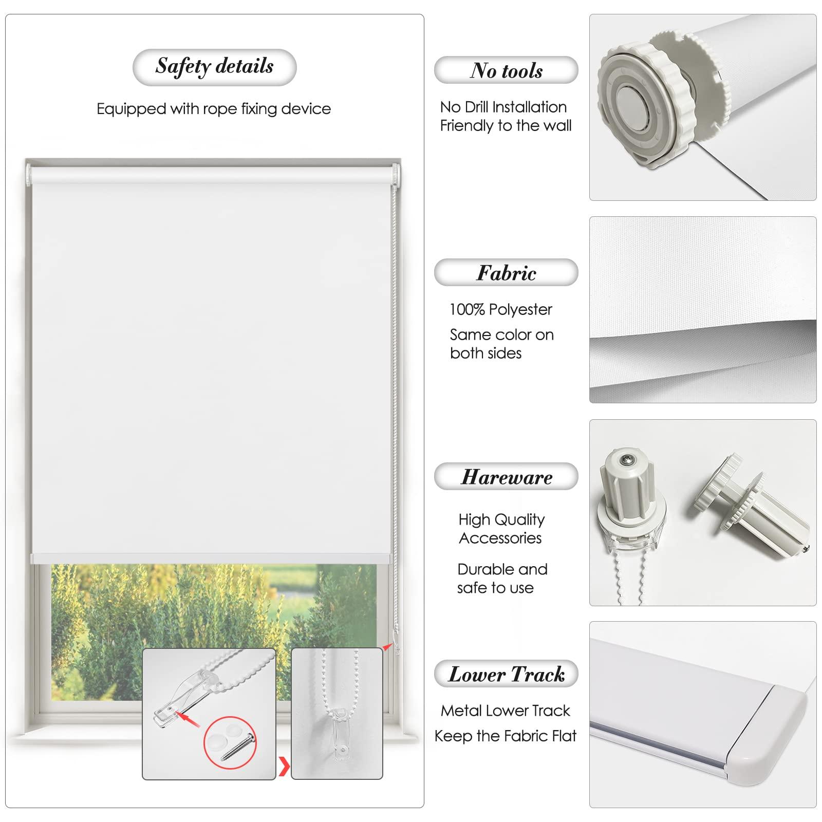 Pasoun Roller Shades for Windows Blackout No Drill Corded Roller Blinds Customer Cut to Size No-Tools Installation Window Shades for Bedroom and Kitchens[White 100% Blackout,45" W x 72''H]