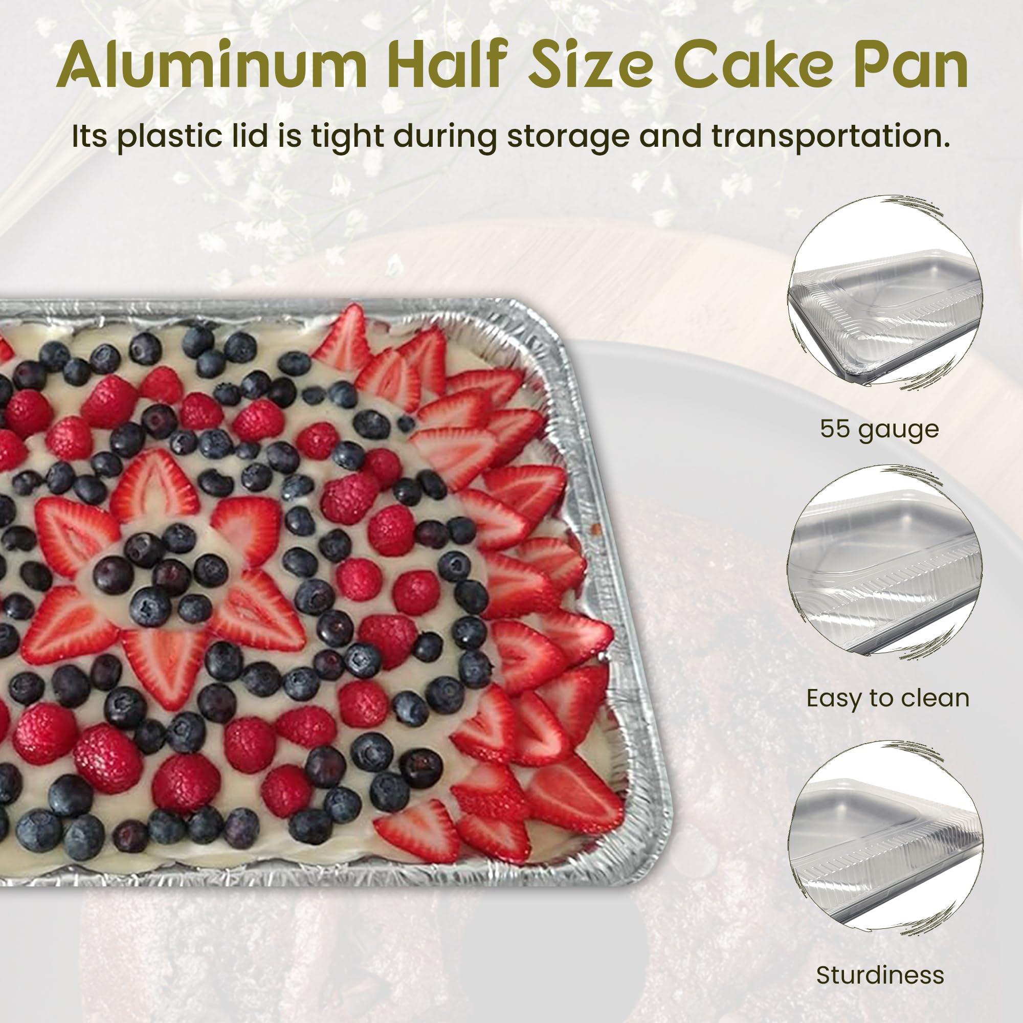 KitchenDance.com KitchenDance Disposable Aluminum Half Size Sheet Cake Pans with Clear Plastic Dome Lid - 17-1/2\" x 12-13/16\" Aluminum Foil Pans -Baking Pan Perfect for Baking, Freezing, Serving Food, 7300P, 100 Count