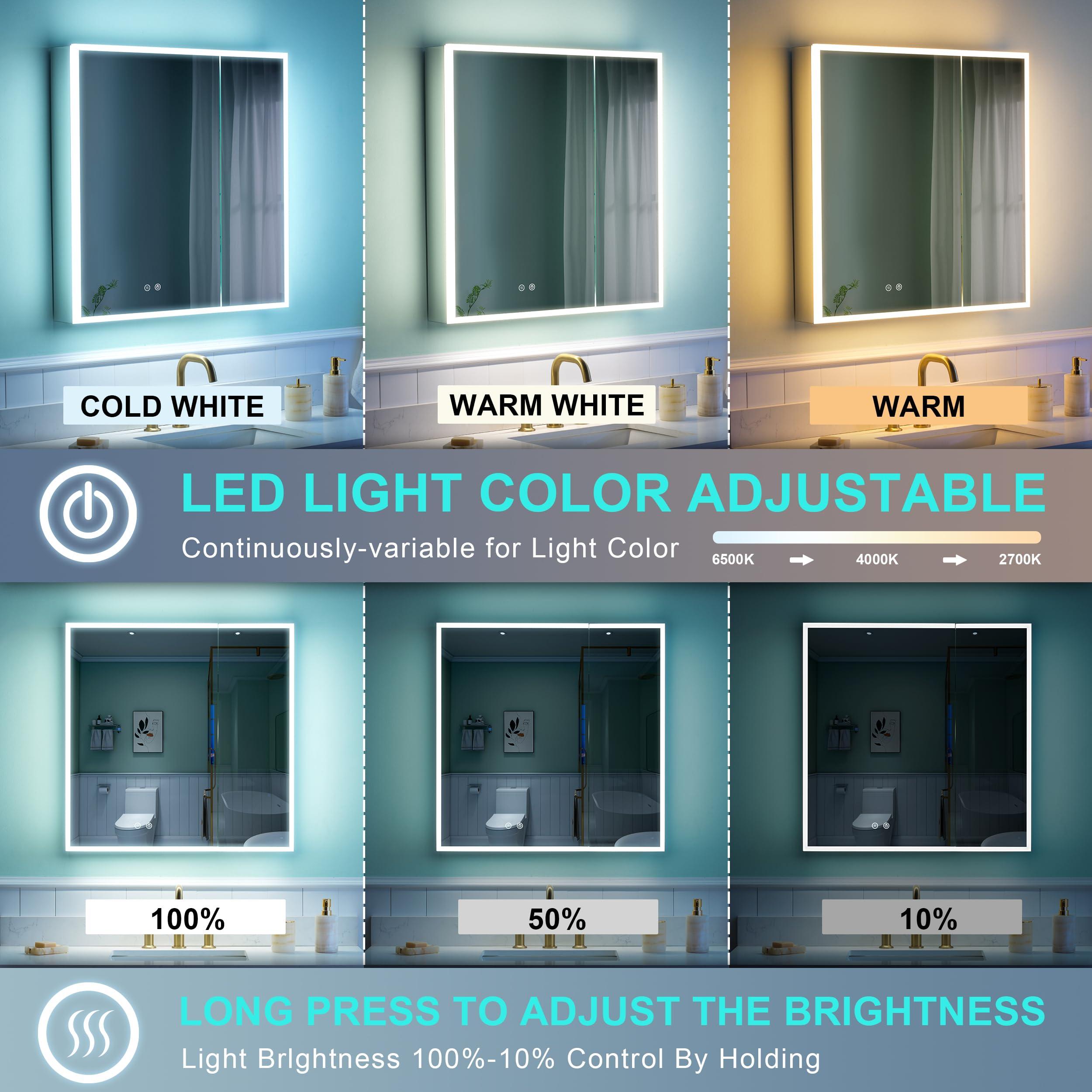 WELLFOR WELLFOR 30\" X 30\" Medicine Cabinet with Lights, 3X Magnification, Anti-Fog Mirrored Cabinet, Bathroom Vanity Medicine Cabinet with Outlets & USB Ports, Double Doors