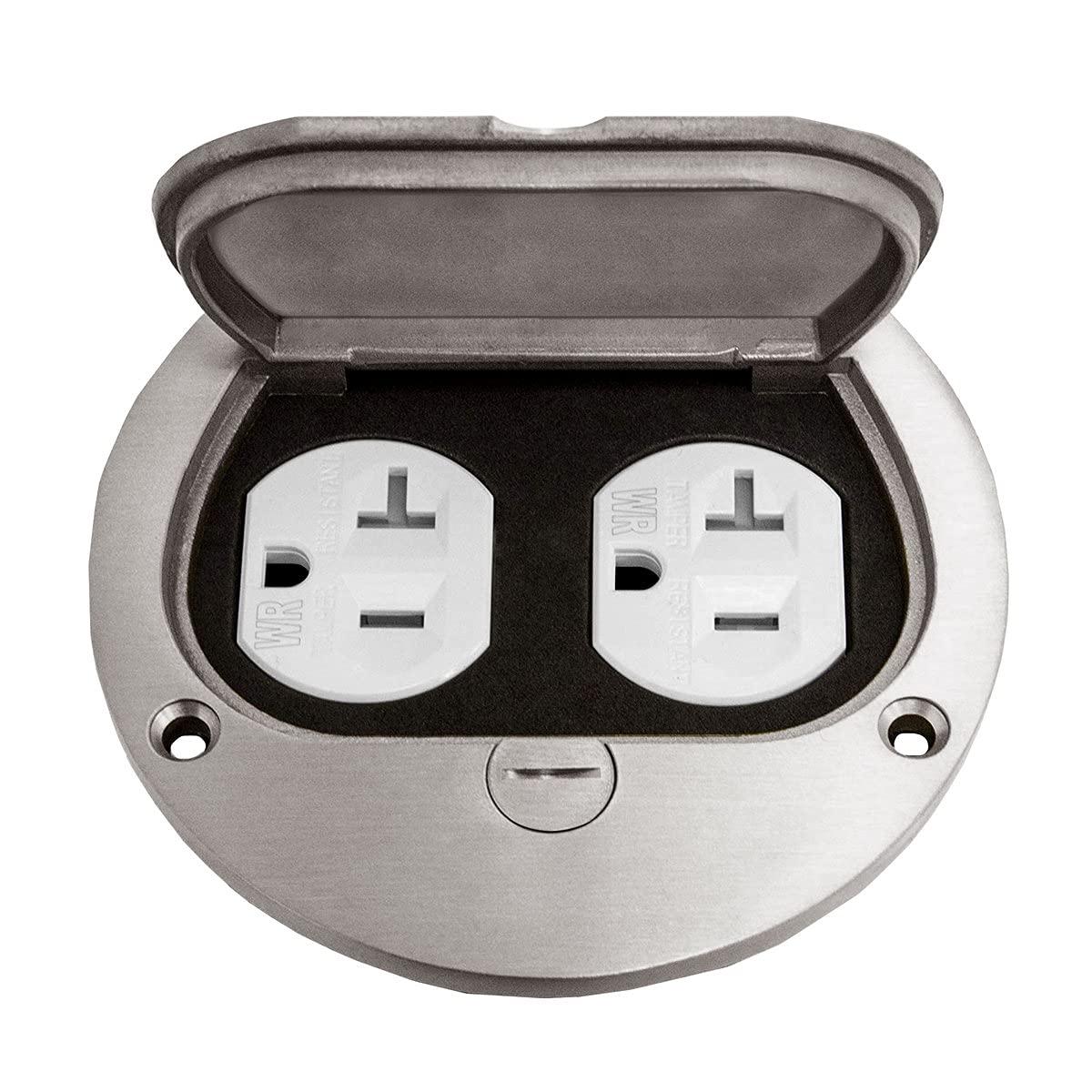 ENERLITES Enerlites 975502-S 4'' Hinged Floor Box Cover Flange, 20A Duplex Tamper-Weather Resistant Receptacle, Nickel Plated Brass