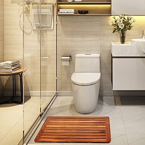 Utoplike Utoplike (32\" x 18\") Teak Wood Bath Mat and Teak Wood Bathroom Shelf Organizer Freestanding Set