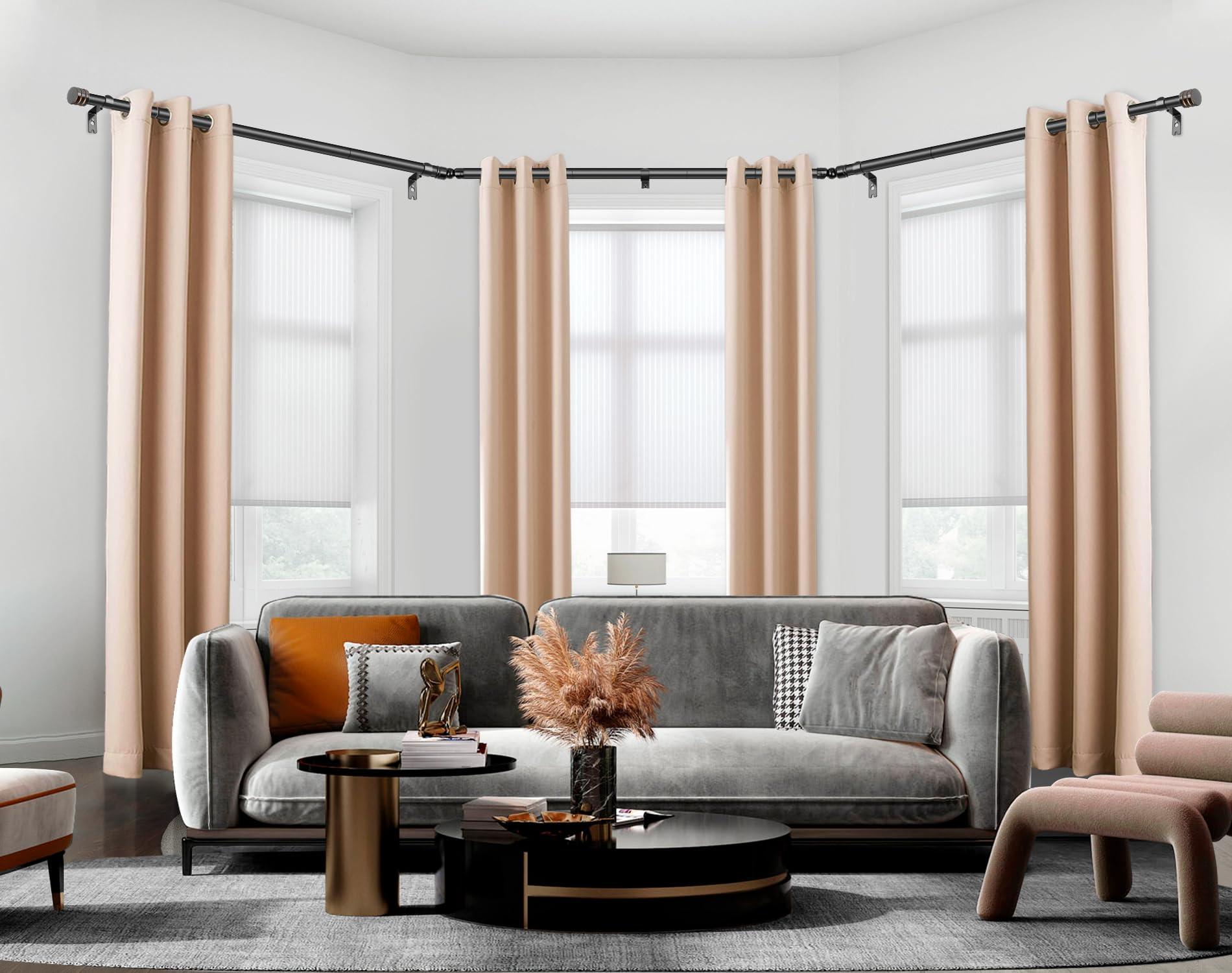 HOTOZON Bay Window Curtain Rods, HOTOZON 7/8 Inch Heavy Duty Curtain Rods for Bay Windows 48-84 Inch(Center Rod), 32-58 Inch Side Rods for Windows, Black, Decorative Drapery Rods with End Cap Finials