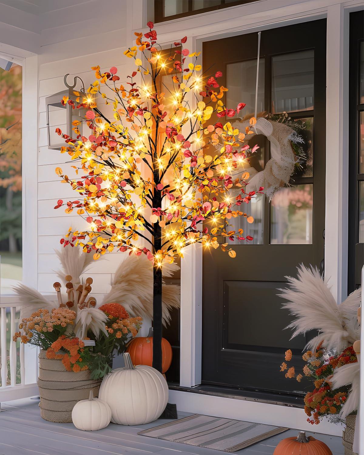 Caplidou Caplidou 7 FT Lighted Fall Eucalyptus Tree, 128 LED Artificial Fall Tree with Lights Fall Light Up Tree with Timer for Autumn Wedding Party Birthday Patio Porch Home Garden Indoor Outdoor Decor