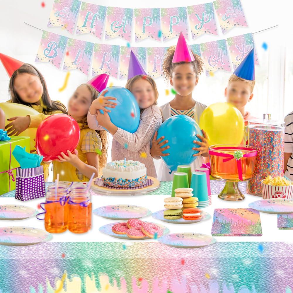 IPEWOEF Gradient Diamond Birthday Party Supplies Macaron Glitter Holographic Disposable Tableware Iridescent Party Decorations Paper Plates Napkins Banner Tablecloth for Girl Kid Baby Shower Wedding 10 Guests