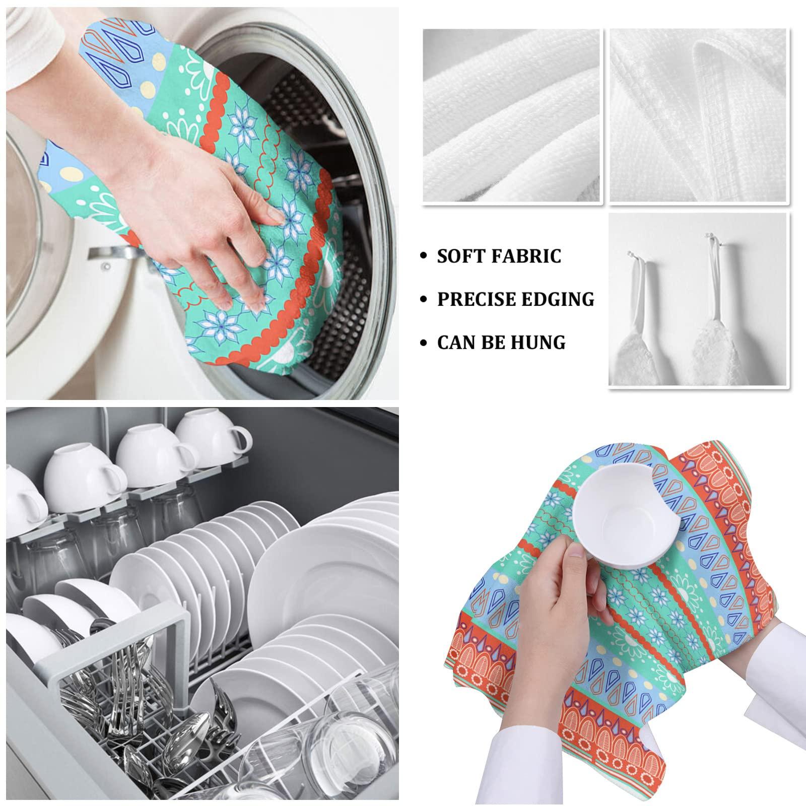 Smile Sunflower Kitchen Towels Microfiber Cleaning Cloths, Boho Flower Gemetric Teal/Turquoise Orange Stripes Soft Dish Towels for Kitchen, Pack of 4 Absorbent Hand Towels Reusable Tea Towels,Bar Towels,18x28 Inch