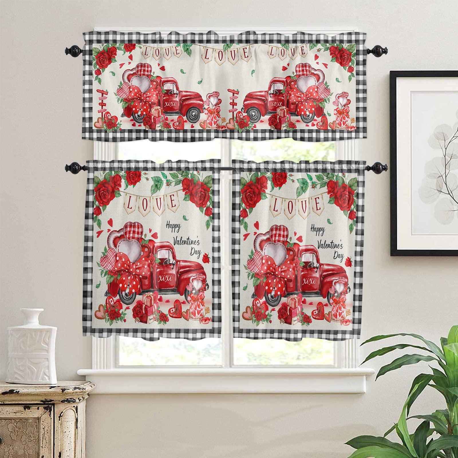 Shine-Home Valentine\'s Day 3 Piece Kitchen Window Curtains Panel Rod Pocket Large Half Tiers and Valance Curtain Drape Set Decor for Kitchen/Bedroom/Bathroom Red Truck Spring Saint Rose Love Black Plaid Check